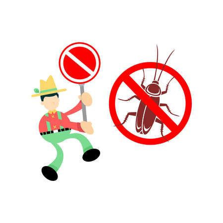farmer man agriculture chase away stop Cockroach pest insect cartoon doodle flat design style vector illustrationのイラスト素材