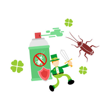 leprechaun shamrock celtic eradicate cockroach bug spray insecticide cartoon doodle flat design style vector illustrationのイラスト素材