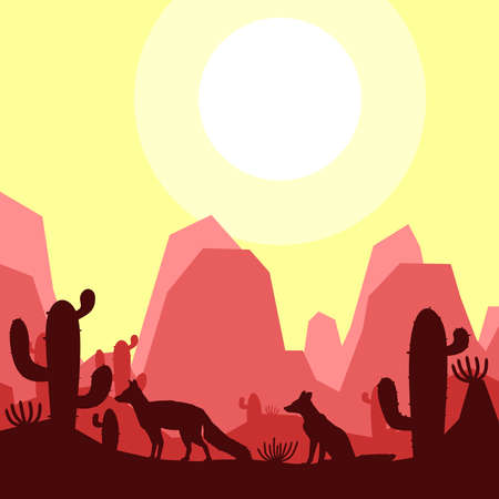 fox animal silhouette desert savanna landscape flat design vector illustrationのイラスト素材