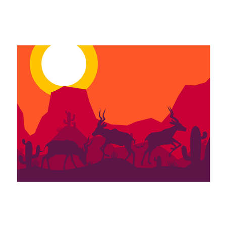 antelope impala deer animal silhouette desert savanna landscape flat design vector illustrationのイラスト素材