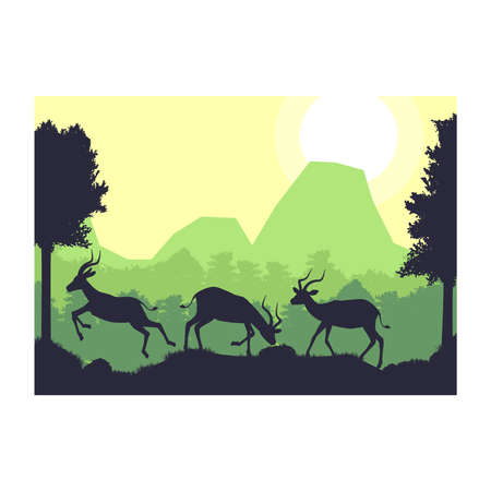 antelope impala deer animal silhouette forest mountain landscape flat design vector illustrationのイラスト素材