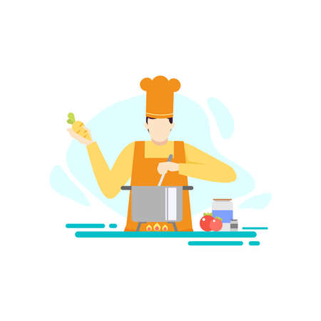 chef cook soup pot restaurant people character flat design vector illustrationのイラスト素材