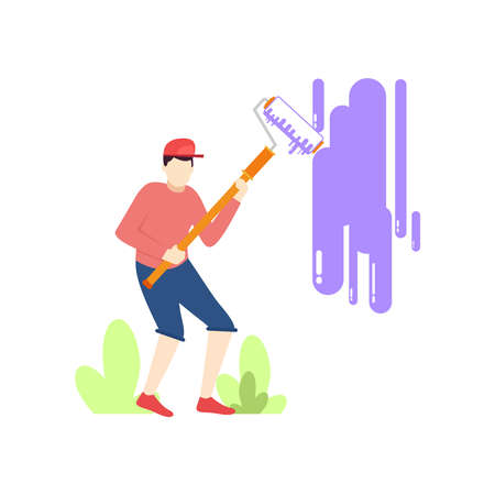 Man with paint roller art people character flat design vector illustrationのイラスト素材