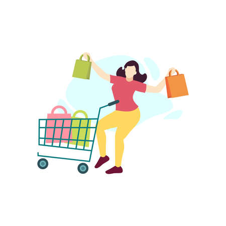 happy Woman Shopping Cart Trolley people character flat design vector illustrationのイラスト素材