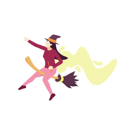 woman witch broom fly to the happy Halloween season people character flat design vector illustrationのイラスト素材