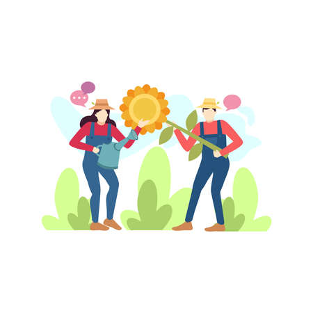 man and woman farmer are talking about sunflower plant care people character flat design vector illustrationのイラスト素材