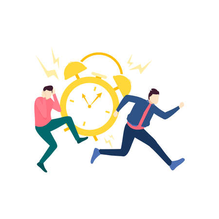two man run avoid from alarm clock deadline people character flat design vector illustrationのイラスト素材
