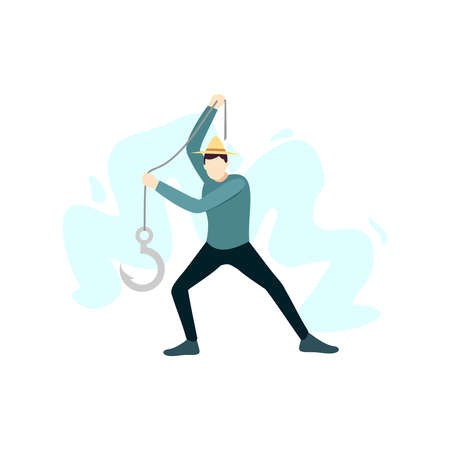 man is holding a big fishing rod fish bait hook people character flat design vector illustrationのイラスト素材