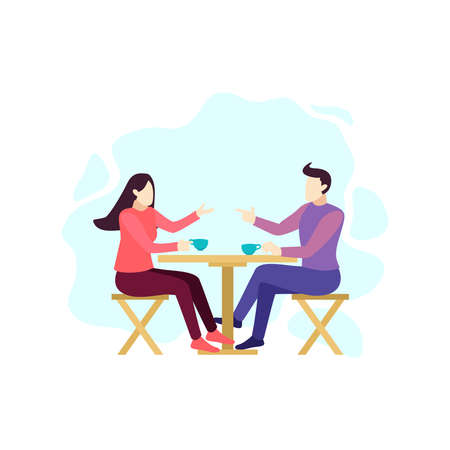 man and woman talking and drinking tea beverage people character flat design vector illustrationのイラスト素材