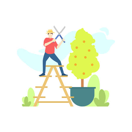 farmer man are pruning crops plant on the garden farm people character flat design vector illustrationのイラスト素材
