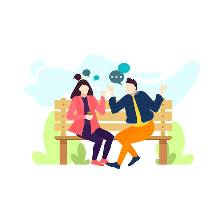 man and woman couple talking about love on park benches people character flat design vector illustrationのイラスト素材