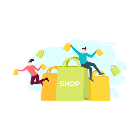 man and woman couple happy shopping people character flat design vector illustrationのイラスト素材