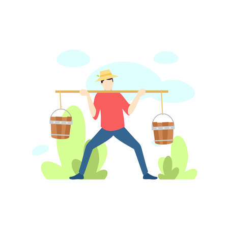 farmer man is lifting a bucket to water the plant people character flat design vector illustrationのイラスト素材