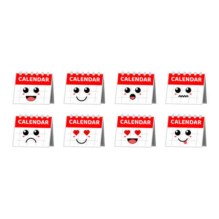 Set of cute cartoon colorful calendar with different emotions. Funny emotions character collection for kids. Fantasy characters. Vector illustrations, cartoon flat styleのイラスト素材
