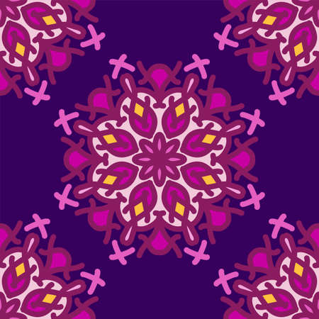 yellow purple magenta violet lavender mandala seamless pattern floral flower creative vintage design background vector illustrationのイラスト素材
