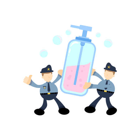 police and soap sanitizer hygene cartoon flat design illustrationのイラスト素材