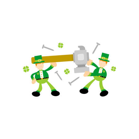 green leprechaun and hammer craft cartoon flat design illustrationのイラスト素材