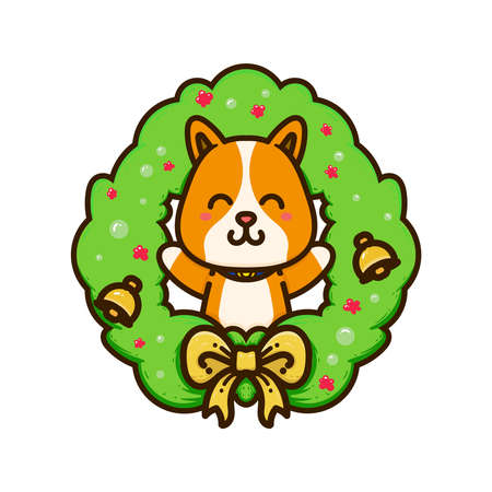 happy dog cute and green christmas ring adorable cartoon doodle vector illustration flat design styleのイラスト素材