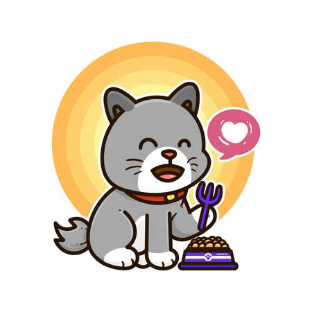 happy gray cat eat pet food adorable cartoon doodle vector illustration flat design styleのイラスト素材