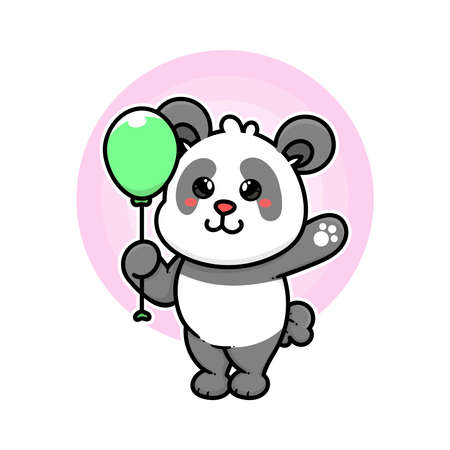 happy panda play balloon adorable cartoon doodle vector illustration flat design styleのイラスト素材