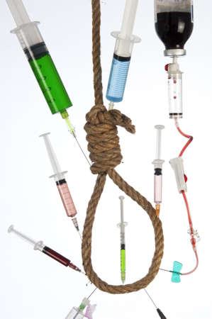 Numerous syringes inserted into a noose