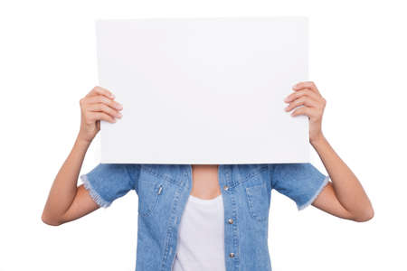 Blonde Girl holding a blank signboard front of her face