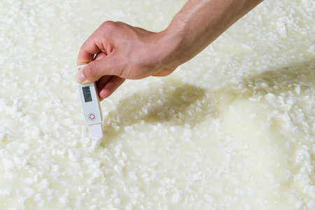 Cheesemaker measuring temperature with thermometer in a large steel tank full of milkの写真素材
