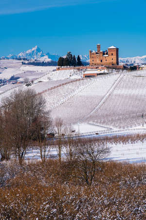 Grinzane Cavour, Italy, January 24, 2019: Suggestive view of the   Castle of Grinzane Cavour on the snowy hills and vineyardsのeditorial素材