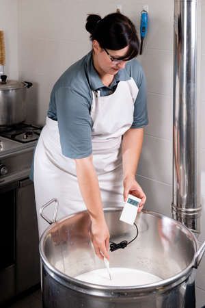 Cheesemaker measures the temperature of milk in a steel container with an electronic thermometerの写真素材