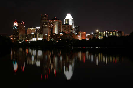 A very pretty night in Austin, Texas.  This shot was taken from across Town Lake downtown.  A very useful image for Austin related content.の写真素材