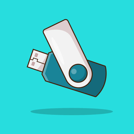 USB flash drive icon in flat design style. Vector illustration on blue background.