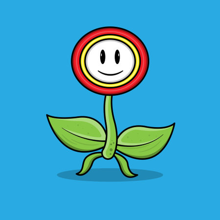 Cartoon flower with a smiley face on a blue background.のイラスト素材