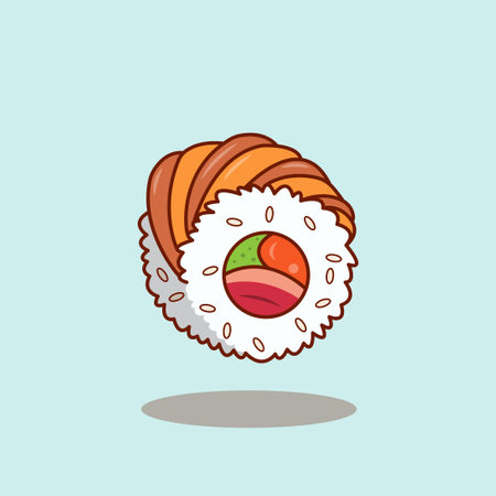 Sushi cartoon character. Japanese food vector illustration. Sushi roll iconのイラスト素材