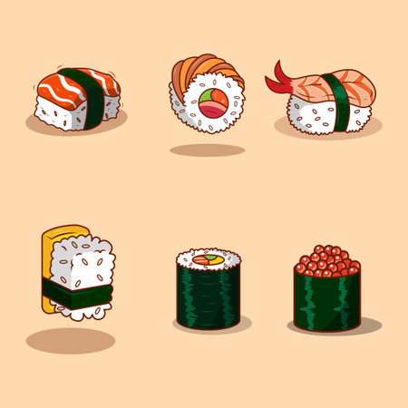 Sushi icon set. Sushi roll japanese food.のイラスト素材