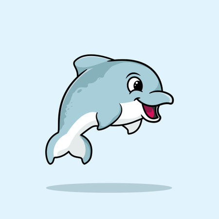 Cute dolphin jumping on blue background. Vector illustration in cartoon style.のイラスト素材