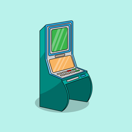 ATM machine icon. Vector illustration in flat style. Isolated on blue background.のイラスト素材