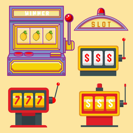 Slot machine icons set in flat style. Casino slot machines vector illustration.のイラスト素材