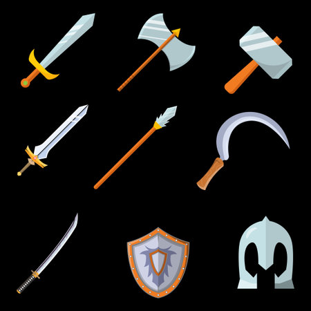Medieval weapons icons set. Cartoon illustration of 16 medieval weapons icons for webのイラスト素材