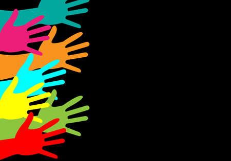 Colorful hand prints on black background. Vector illustration. Eps 10.のイラスト素材