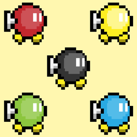 Set of 8 pixel game icons. Isolated on yellow background.のイラスト素材