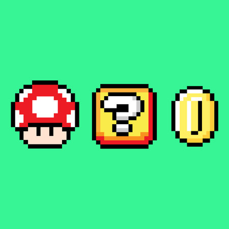 Set of 8 bit pixel icons with question mark. Vector illustration.