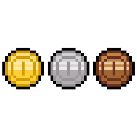 pixel art set of three gold, silver and bronze golf balls isolated on white backgroundのイラスト素材