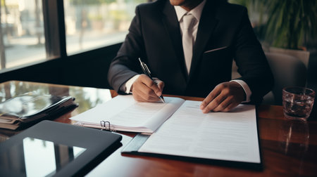 businessman sits in the office at the table and works hard signing papers . read paperwork sitting at his desk in an office, stressed facial expression.の素材