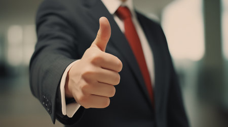 close-up Young businessman at the office sitting at his desk and showing thumb-up signの素材