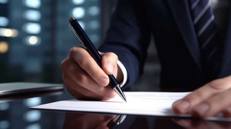 Close-up photo of businessman's hands signing documents at desk, man at work in business suitの素材