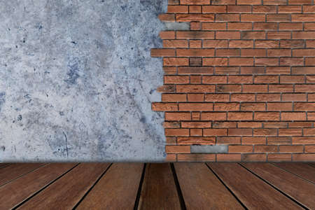 Twilight zone of wall consist of loft and brick style and the wooden floor.の写真素材