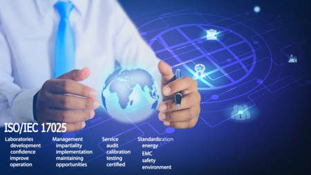 Hands and 3D world maps represent business management and testing laboratories to be recognized by...