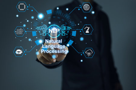 Software developer pointing on virtual screen to NLP or natural language processing interfaces to communicate with machines learning and data transfer through applicationsの写真素材