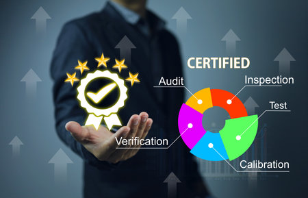 Business man is holding to work  ISO standard cerfified, the accreditation work system for testing and calibration industrial quality concept.の写真素材