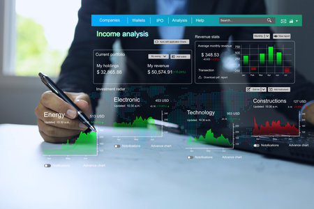 Businessman analyzing investment earnings through dashboard on virtual screen with investments in...